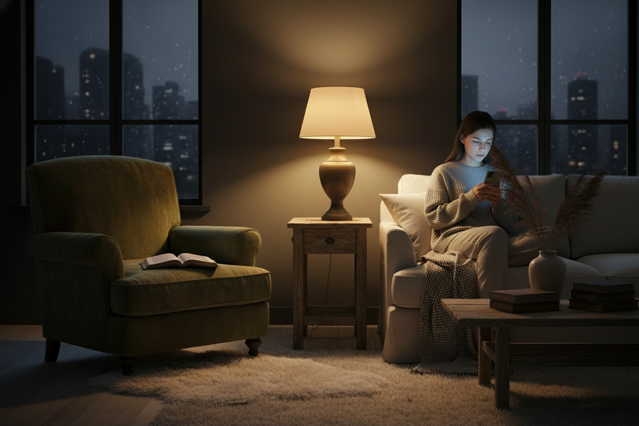 Add a girl sitting on sofa using phone